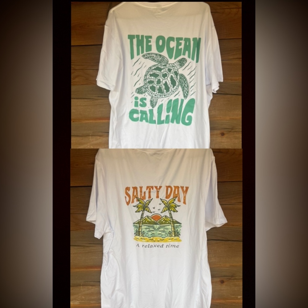 2 Men’s Beach themed shirts Never worn XXL Turtle Salty day